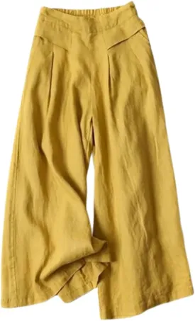 Draped Culottes Capris Pants for Womens Flowy Wide Leg Linen Pants High Waisted Palazzo Trousers with Pockets