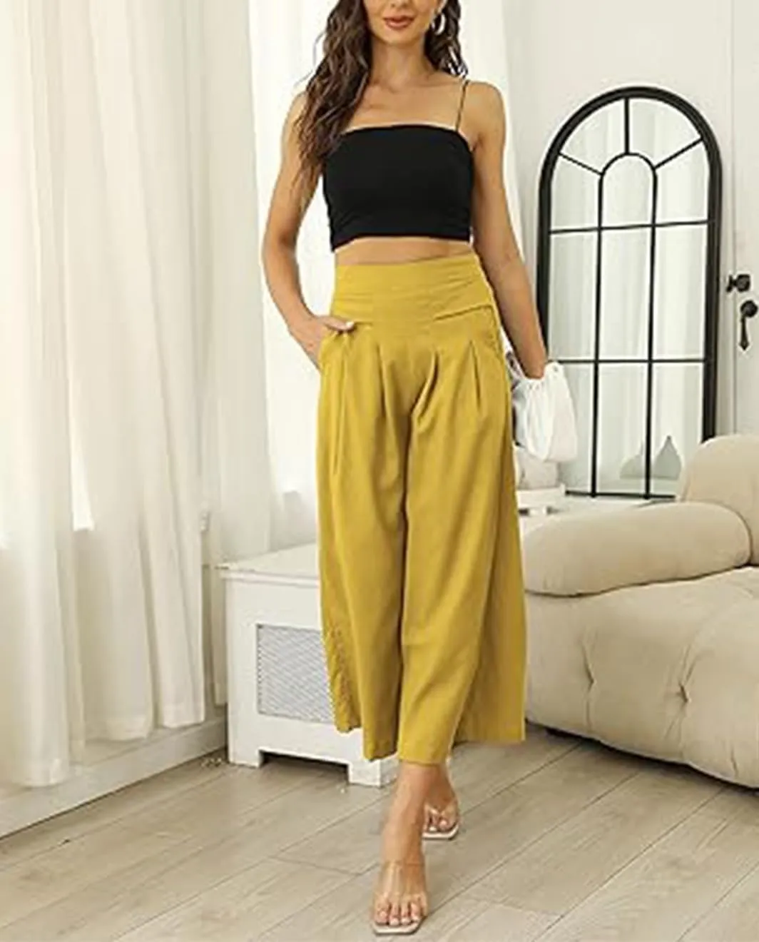 Draped Culottes Capris Pants for Womens Flowy Wide Leg Linen Pants High Waisted Palazzo Trousers with Pockets