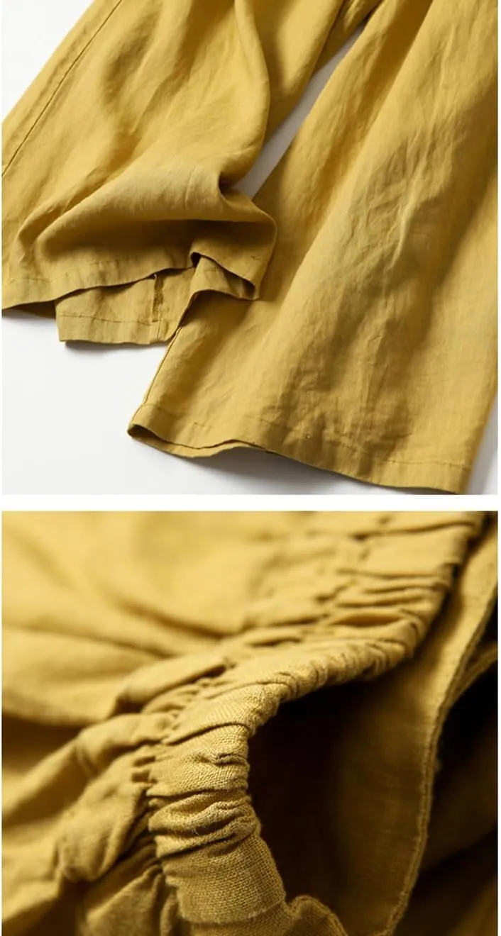 Draped Culottes Capris Pants for Womens Flowy Wide Leg Linen Pants High Waisted Palazzo Trousers with Pockets