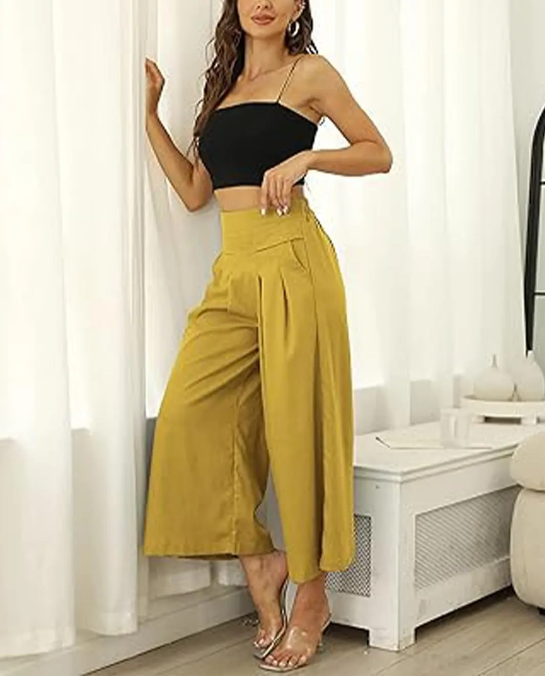 Draped Culottes Capris Pants for Womens Flowy Wide Leg Linen Pants High Waisted Palazzo Trousers with Pockets