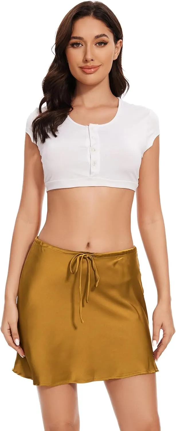 Dxyufazhe Women's Casual Drawstring Satin Mini Skater Skirt High Waisted Short Pleated Skirts