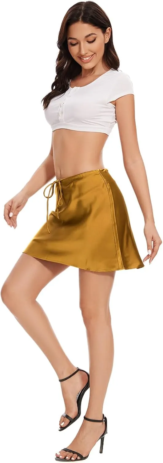 Dxyufazhe Women's Casual Drawstring Satin Mini Skater Skirt High Waisted Short Pleated Skirts