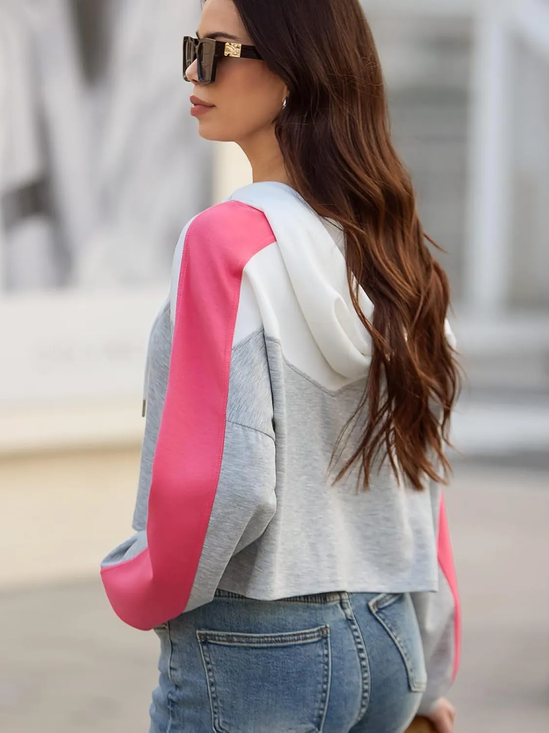 FAIRY SEASON Women Cropped Hoodies Long Sleeve Oversized Hooded Sweatshirt Color Block Crop Top Shirt Y2K Workout Pullover