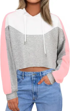 FAIRY SEASON Women Cropped Hoodies Long Sleeve Oversized Hooded Sweatshirt Color Block Crop Top Shirt Y2K Workout Pullover