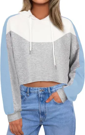 FAIRY SEASON Women Cropped Hoodies Long Sleeve Oversized Hooded Sweatshirt Color Block Crop Top Shirt Y2K Workout Pullover