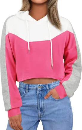 FAIRY SEASON Women Cropped Hoodies Long Sleeve Oversized Hooded Sweatshirt Color Block Crop Top Shirt Y2K Workout Pullover