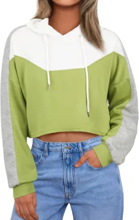 FAIRY SEASON Women Cropped Hoodies Long Sleeve Oversized Hooded Sweatshirt Color Block Crop Top Shirt Y2K Workout Pullover