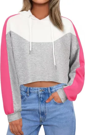 FAIRY SEASON Women Cropped Hoodies Long Sleeve Oversized Hooded Sweatshirt Color Block Crop Top Shirt Y2K Workout Pullover