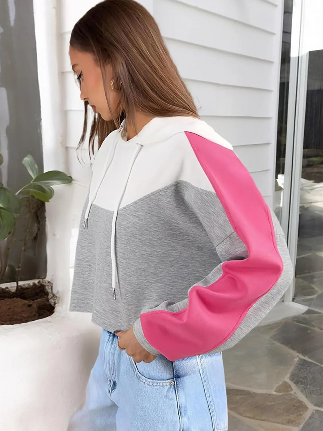 FAIRY SEASON Women Cropped Hoodies Long Sleeve Oversized Hooded Sweatshirt Color Block Crop Top Shirt Y2K Workout Pullover