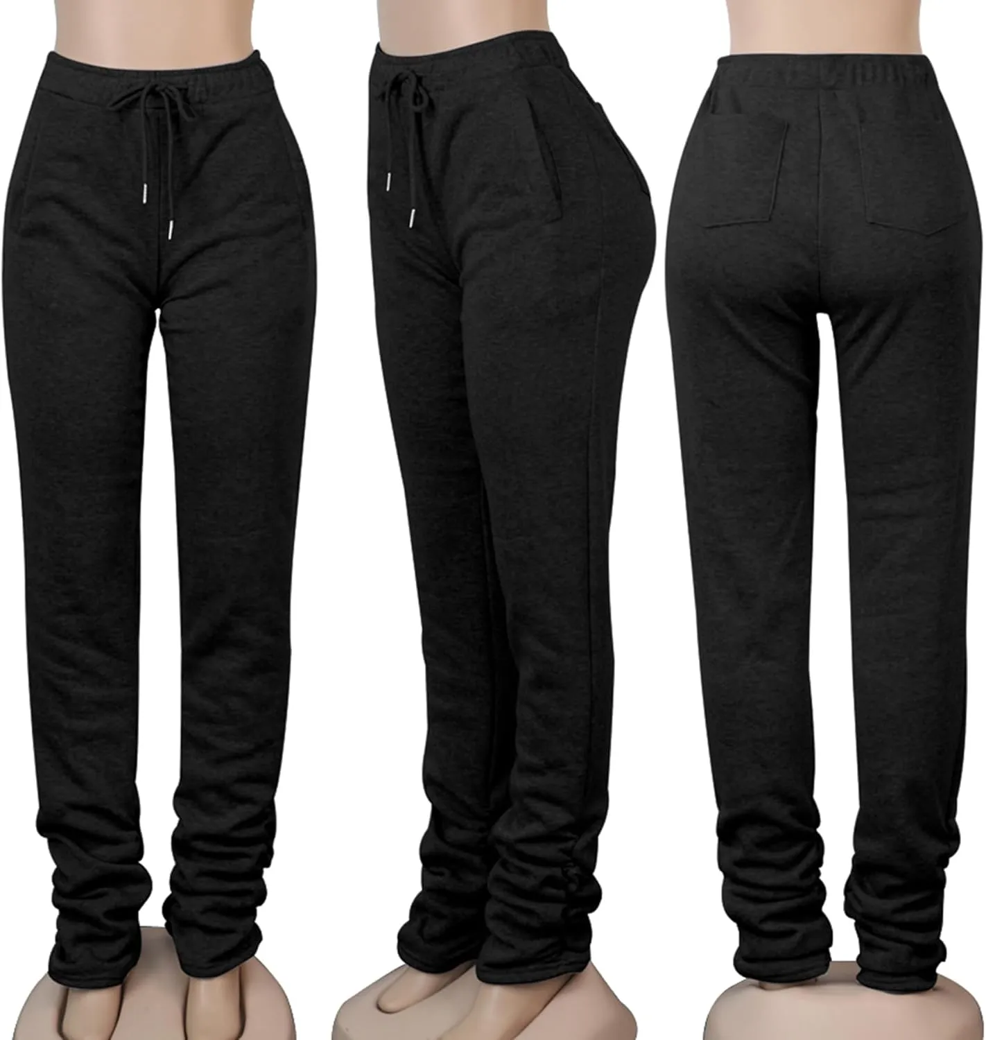 Famnbro Women Stacked Sweatpants Thick Warm Fleece Lined Pants Drawstring Waist Ruched Active Joggers