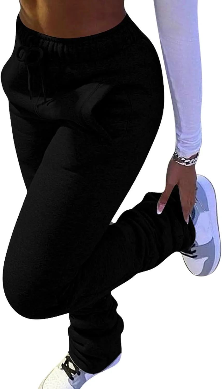 Famnbro Women Stacked Sweatpants Thick Warm Fleece Lined Pants Drawstring Waist Ruched Active Joggers