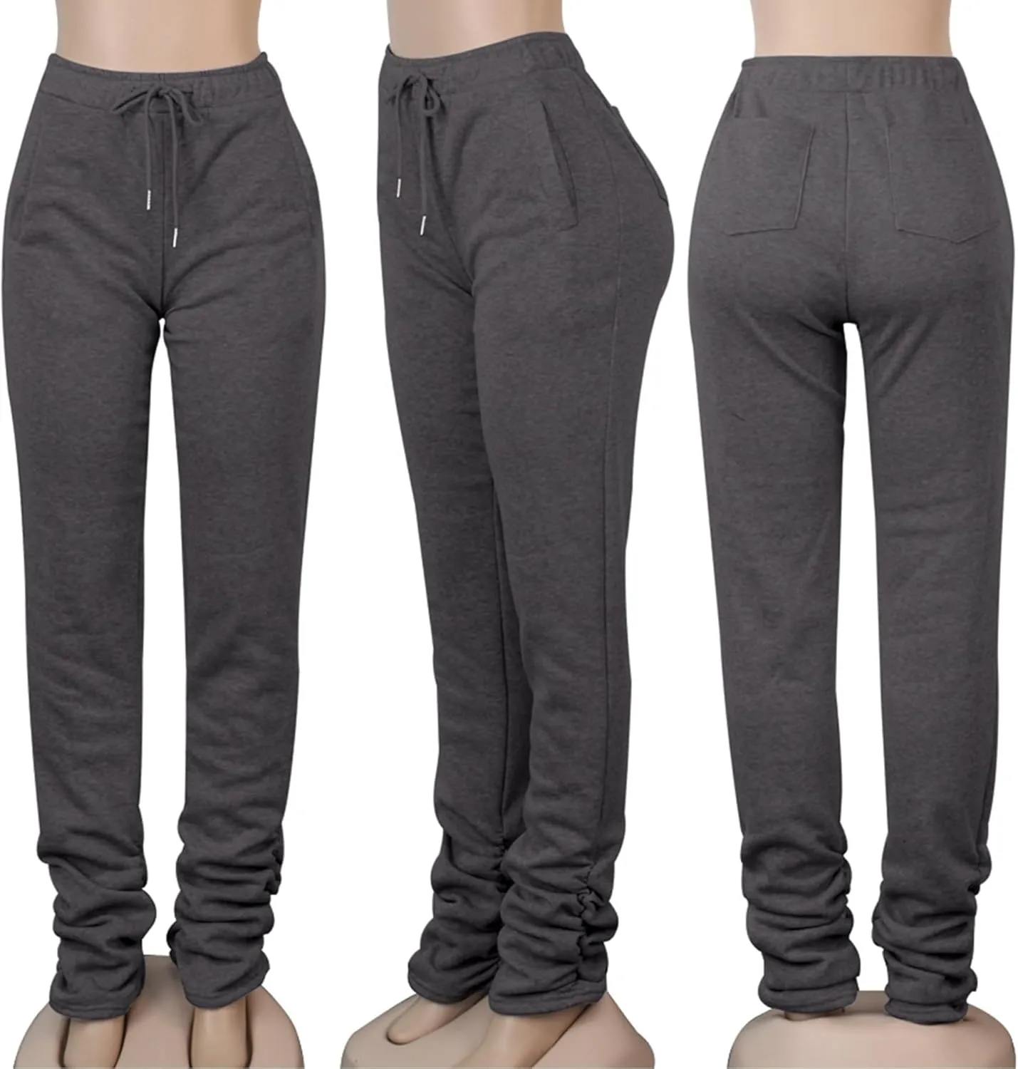 Famnbro Women Stacked Sweatpants Thick Warm Fleece Lined Pants Drawstring Waist Ruched Active Joggers