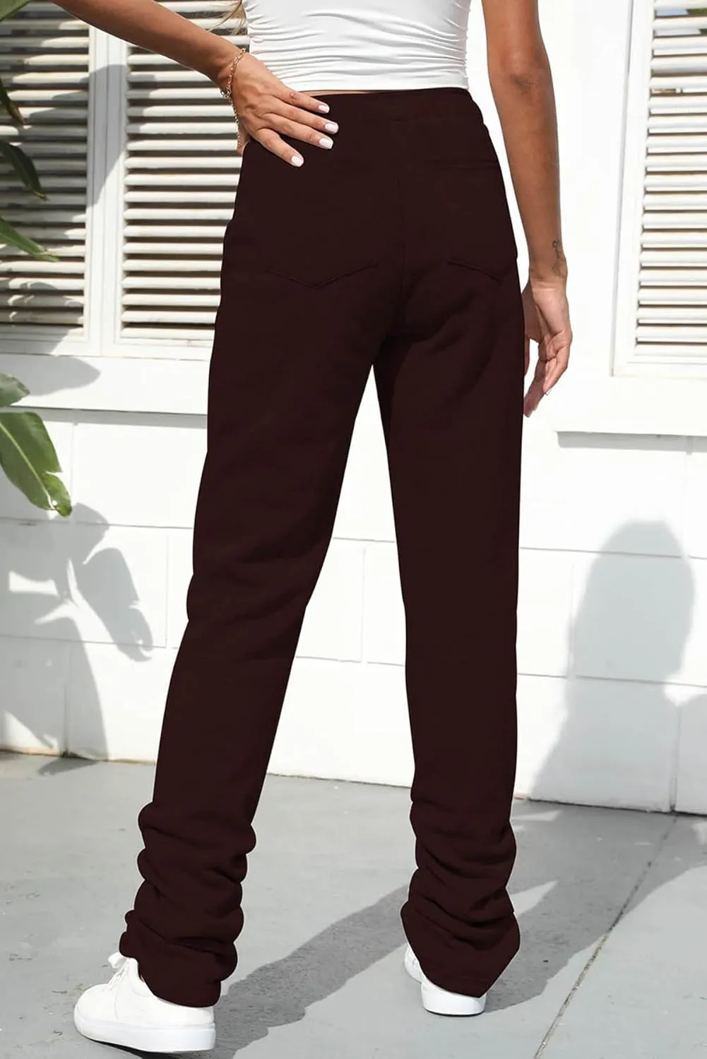Famnbro Women Stacked Sweatpants Thick Warm Fleece Lined Pants Drawstring Waist Ruched Active Joggers