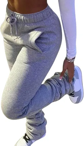 Famnbro Women Stacked Sweatpants Thick Warm Fleece Lined Pants Drawstring Waist Ruched Active Joggers