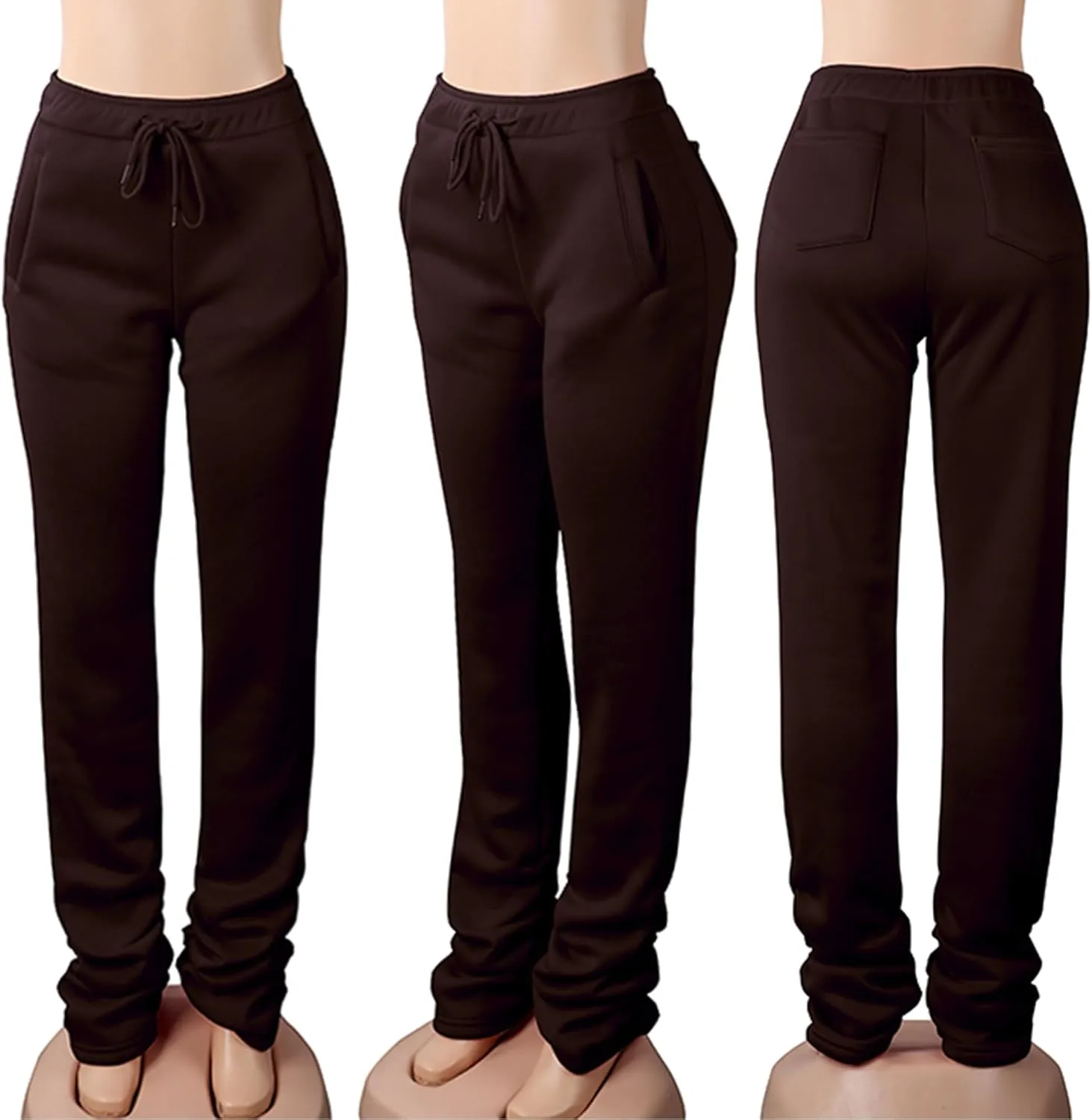 Famnbro Women Stacked Sweatpants Thick Warm Fleece Lined Pants Drawstring Waist Ruched Active Joggers