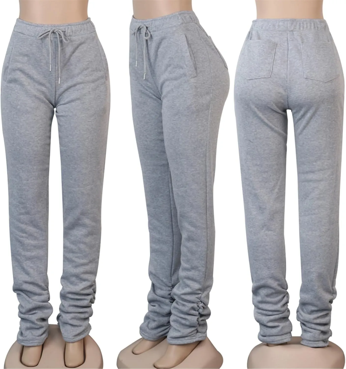 Famnbro Women Stacked Sweatpants Thick Warm Fleece Lined Pants Drawstring Waist Ruched Active Joggers