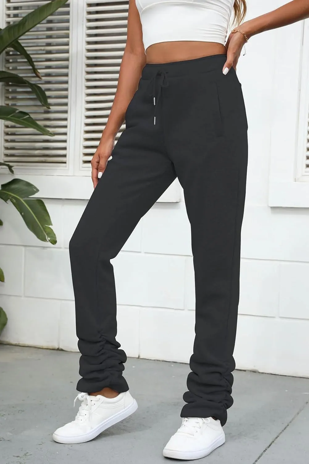 Famnbro Women Stacked Sweatpants Thick Warm Fleece Lined Pants Drawstring Waist Ruched Active Joggers