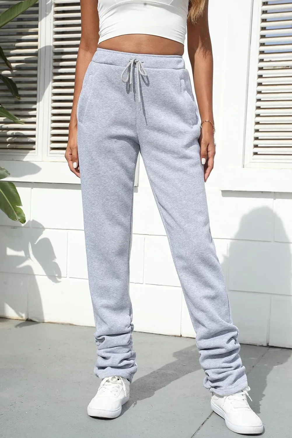 Famnbro Women Stacked Sweatpants Thick Warm Fleece Lined Pants Drawstring Waist Ruched Active Joggers