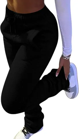 Famnbro Women Stacked Sweatpants Thick Warm Fleece Lined Pants Drawstring Waist Ruched Active Joggers