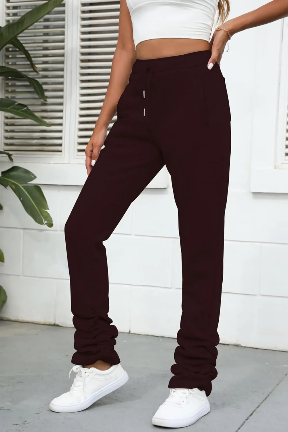Famnbro Women Stacked Sweatpants Thick Warm Fleece Lined Pants Drawstring Waist Ruched Active Joggers