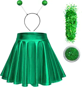 Farochy Flared Pleated Mini Skater Skirt Metallic Skirt Halloween Alien Headband with Face Glitter