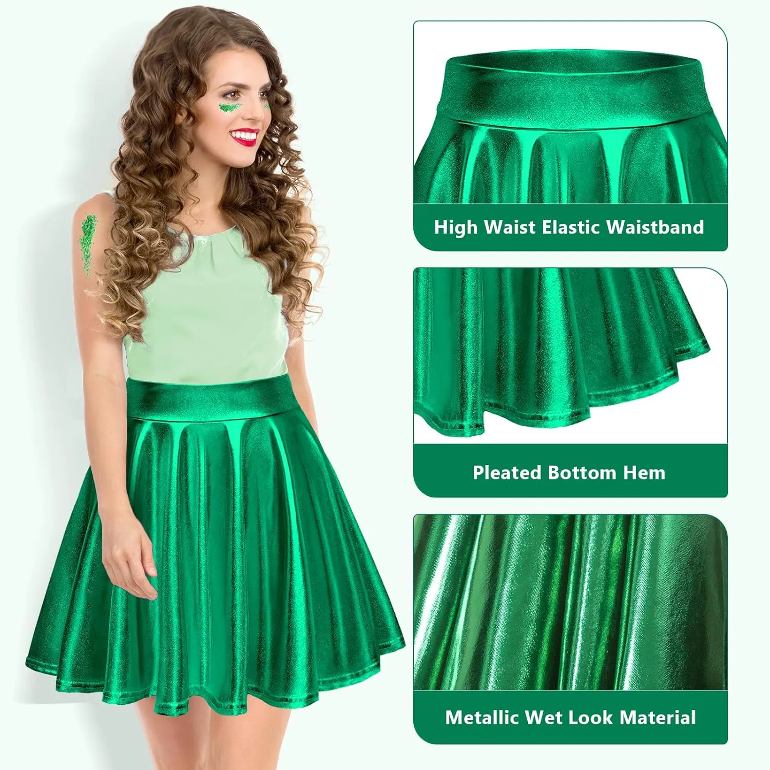 Farochy Flared Pleated Mini Skater Skirt Metallic Skirt Halloween Alien Headband with Face Glitter