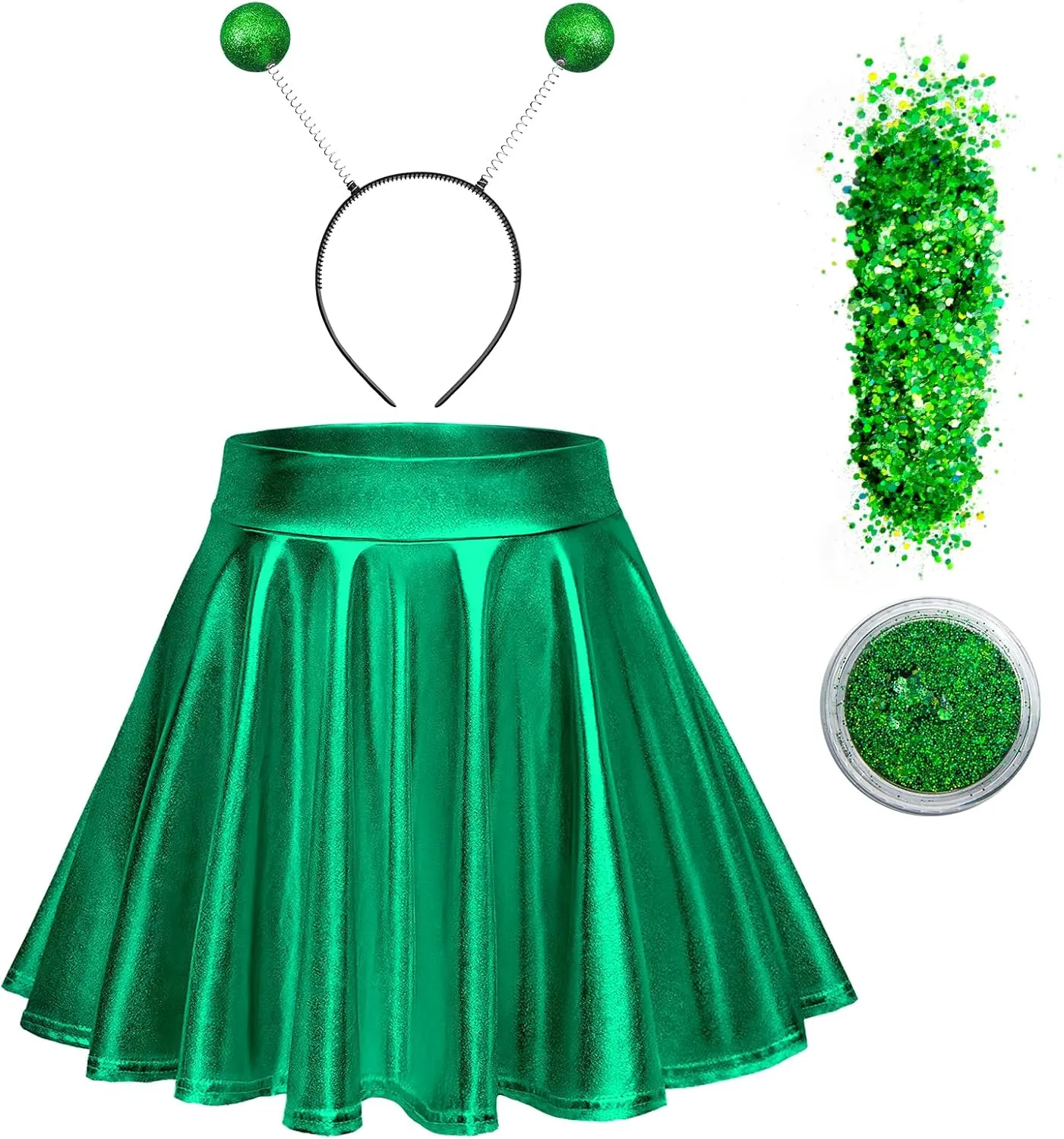 Farochy Flared Pleated Mini Skater Skirt Metallic Skirt Halloween Alien Headband with Face Glitter