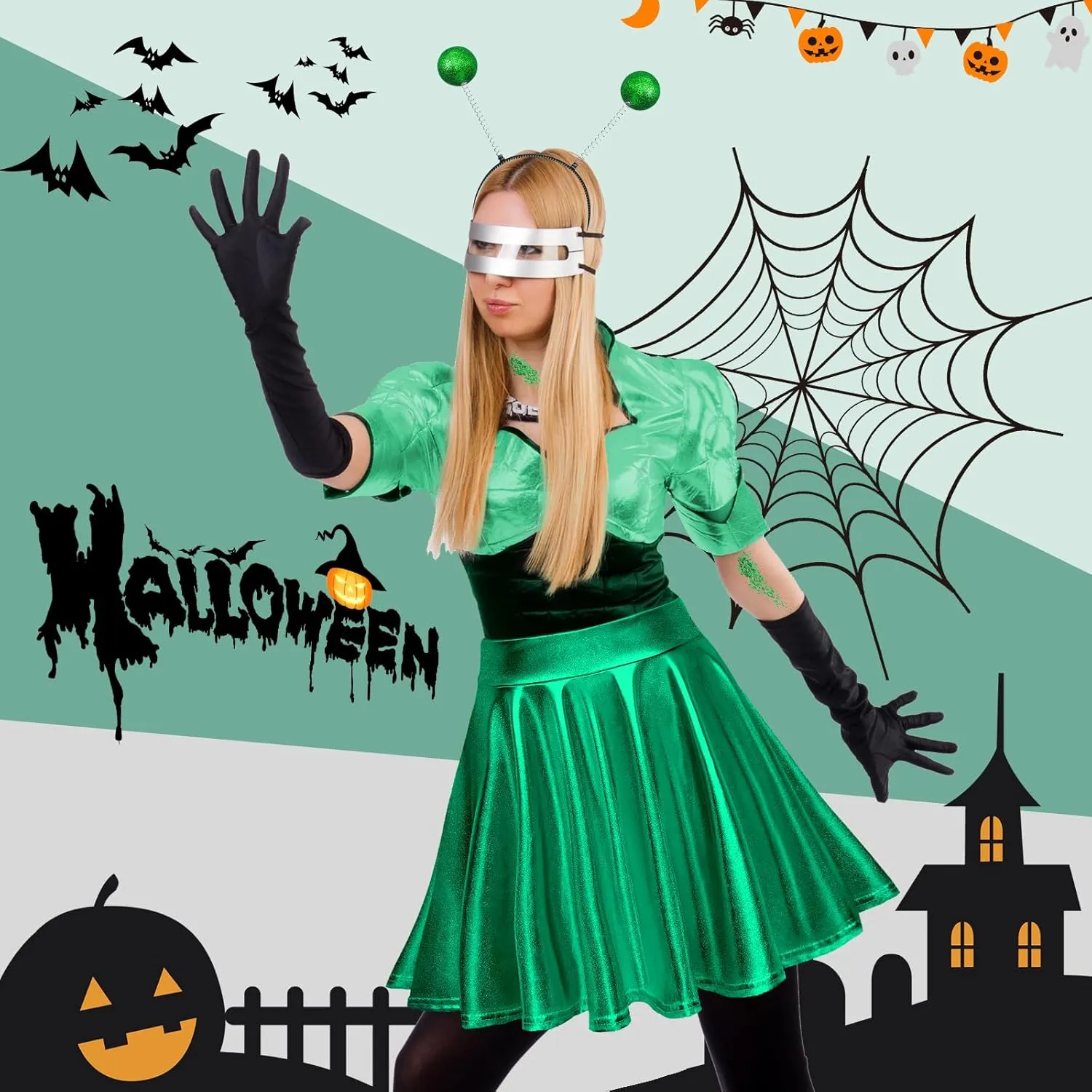 Farochy Flared Pleated Mini Skater Skirt Metallic Skirt Halloween Alien Headband with Face Glitter