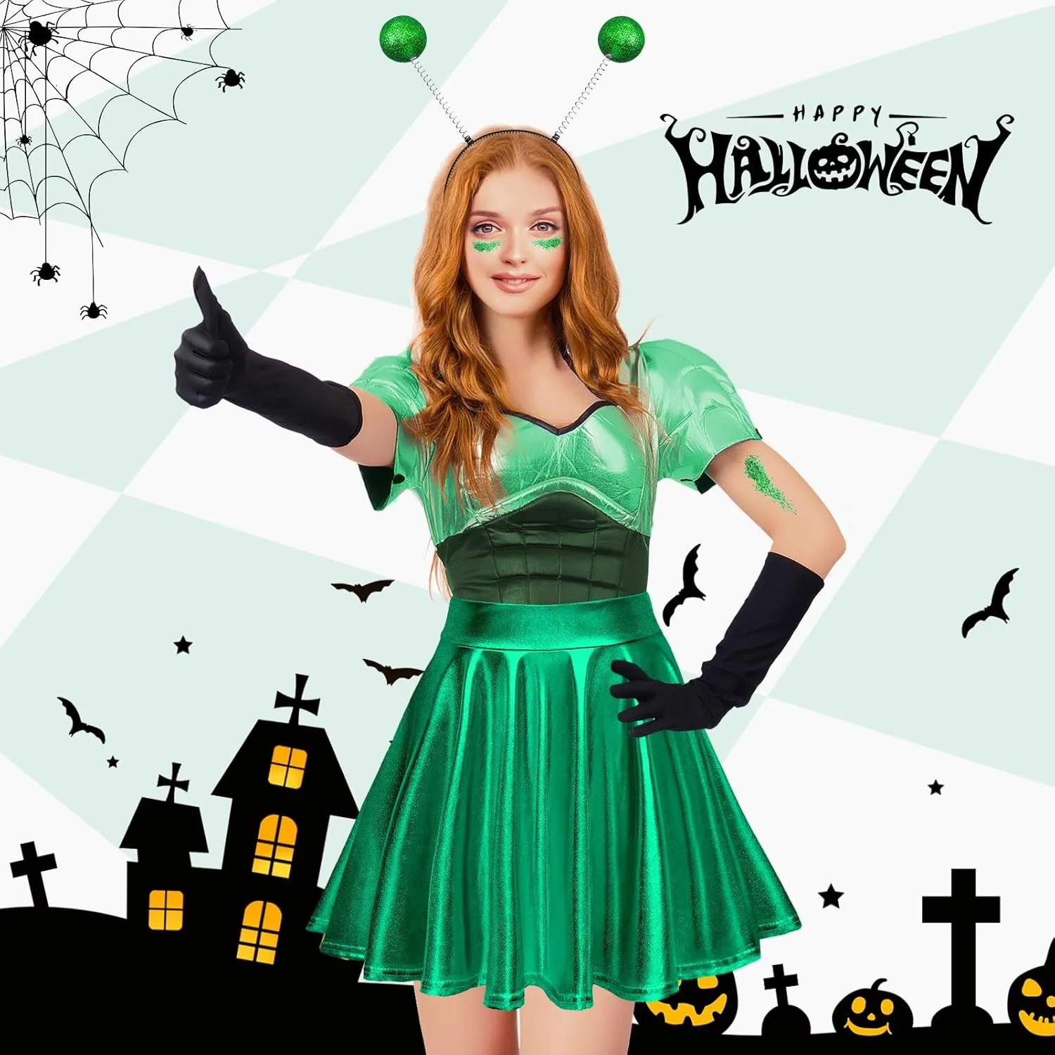 Farochy Flared Pleated Mini Skater Skirt Metallic Skirt Halloween Alien Headband with Face Glitter