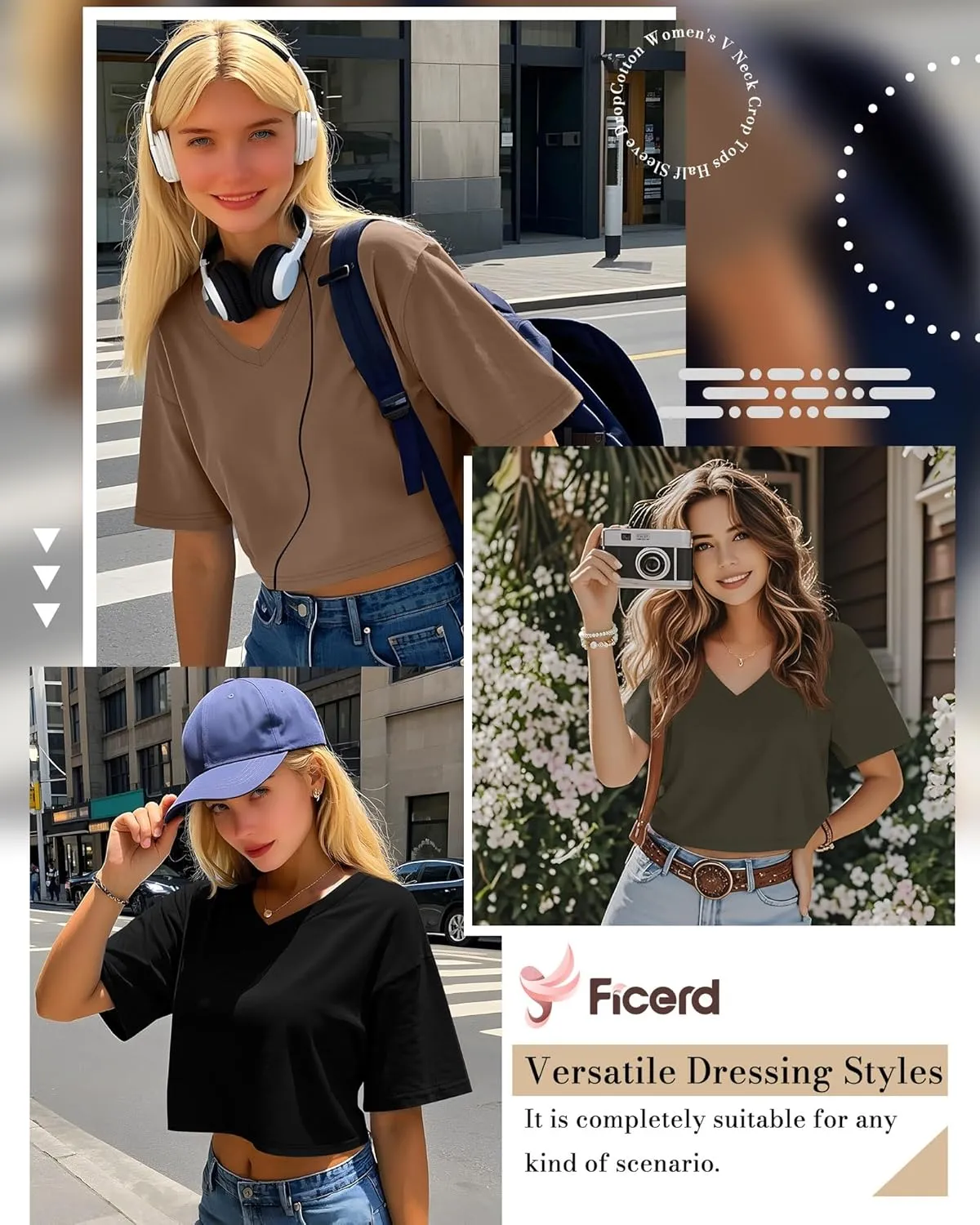 Ficerd 3 Pack Cotton Women's V Neck Crop Tops Half Sleeve Drop Shoulder Basics Cropped Top Boxy Tees for Girls