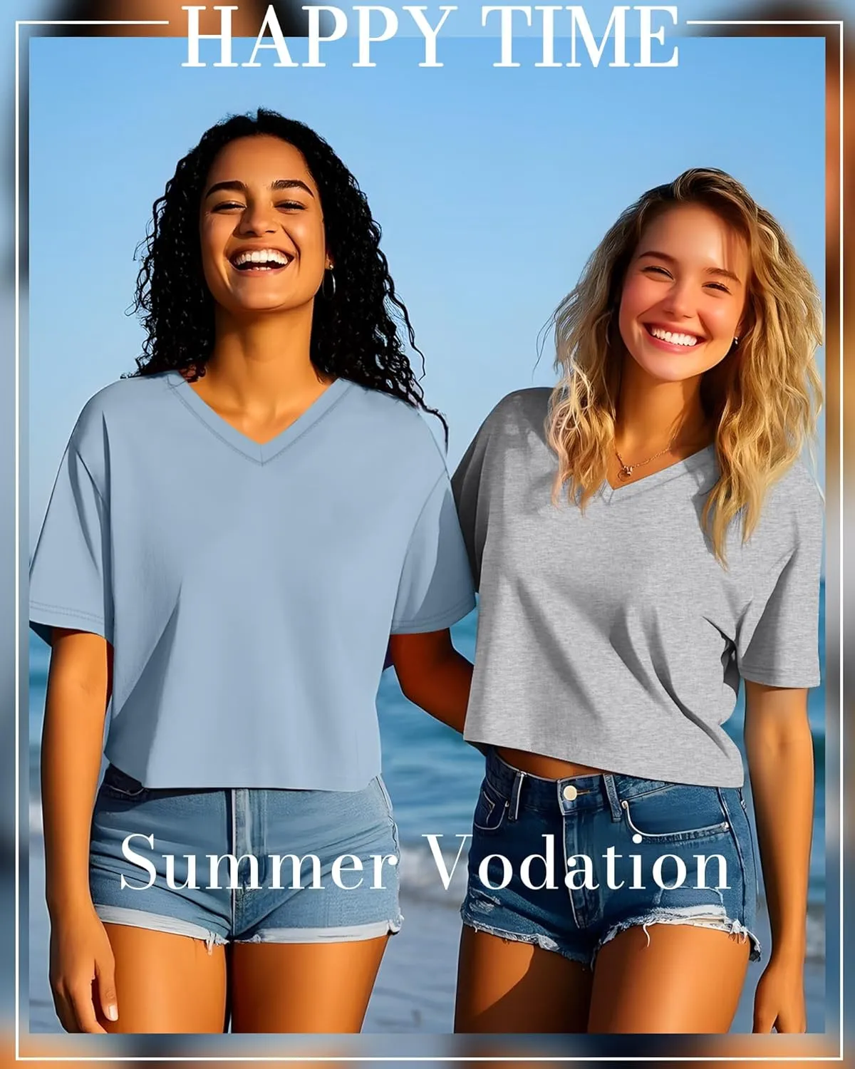 Ficerd 3 Pack Cotton Women's V Neck Crop Tops Half Sleeve Drop Shoulder Basics Cropped Top Boxy Tees for Girls