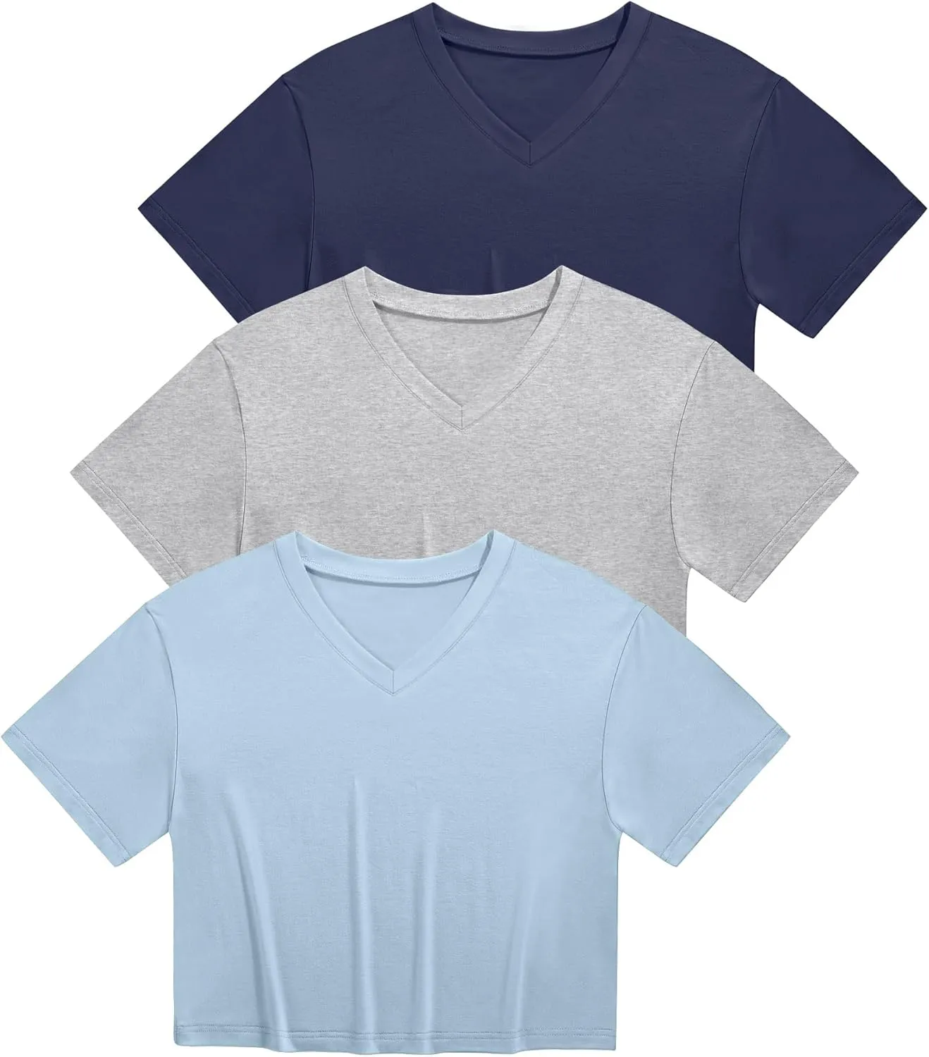 Ficerd 3 Pack Cotton Women's V Neck Crop Tops Half Sleeve Drop Shoulder Basics Cropped Top Boxy Tees for Girls