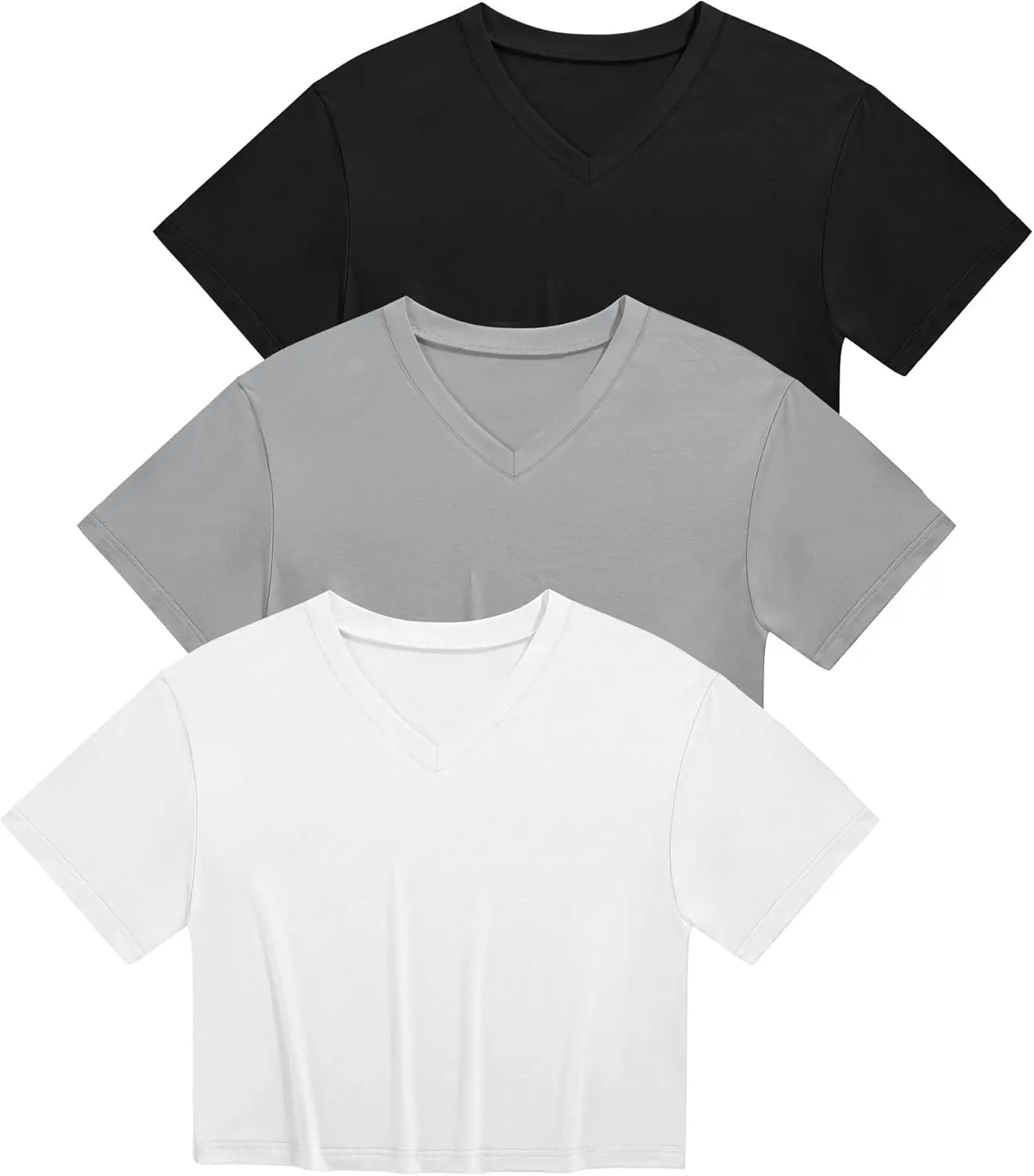 Ficerd 3 Pack Cotton Women's V Neck Crop Tops Half Sleeve Drop Shoulder Basics Cropped Top Boxy Tees for Girls