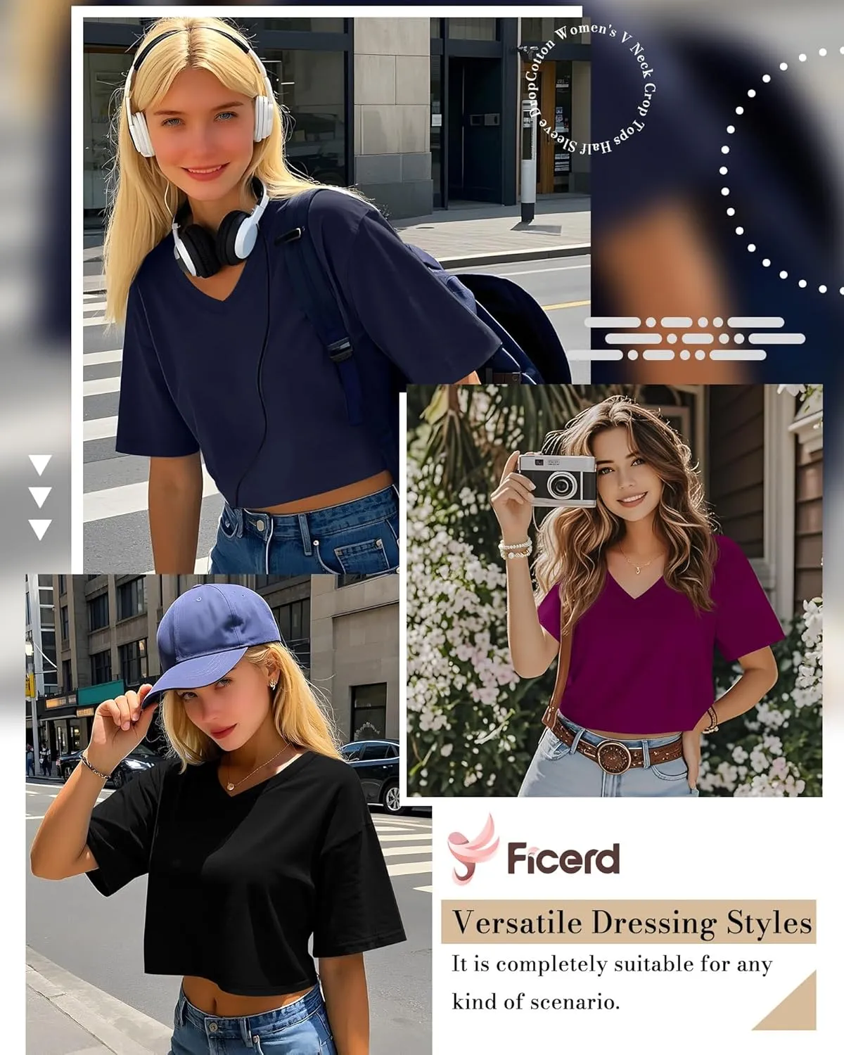 Ficerd 3 Pack Cotton Women's V Neck Crop Tops Half Sleeve Drop Shoulder Basics Cropped Top Boxy Tees for Girls