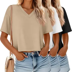 Ficerd 3 Pack Cotton Women's V Neck Crop Tops Half Sleeve Drop Shoulder Basics Cropped Top Boxy Tees for Girls
