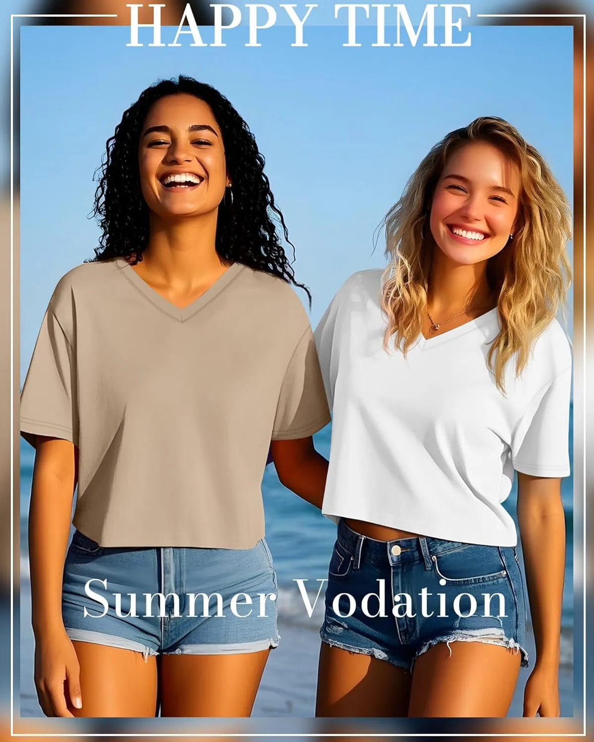 Ficerd 3 Pack Cotton Women's V Neck Crop Tops Half Sleeve Drop Shoulder Basics Cropped Top Boxy Tees for Girls