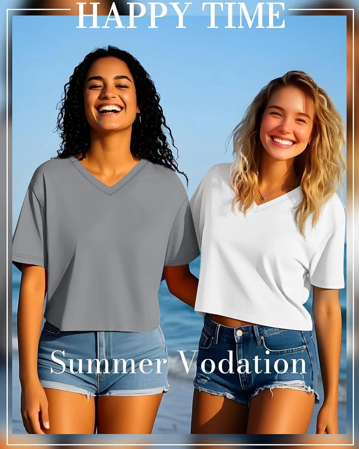 Ficerd 3 Pack Cotton Women's V Neck Crop Tops Half Sleeve Drop Shoulder Basics Cropped Top Boxy Tees for Girls