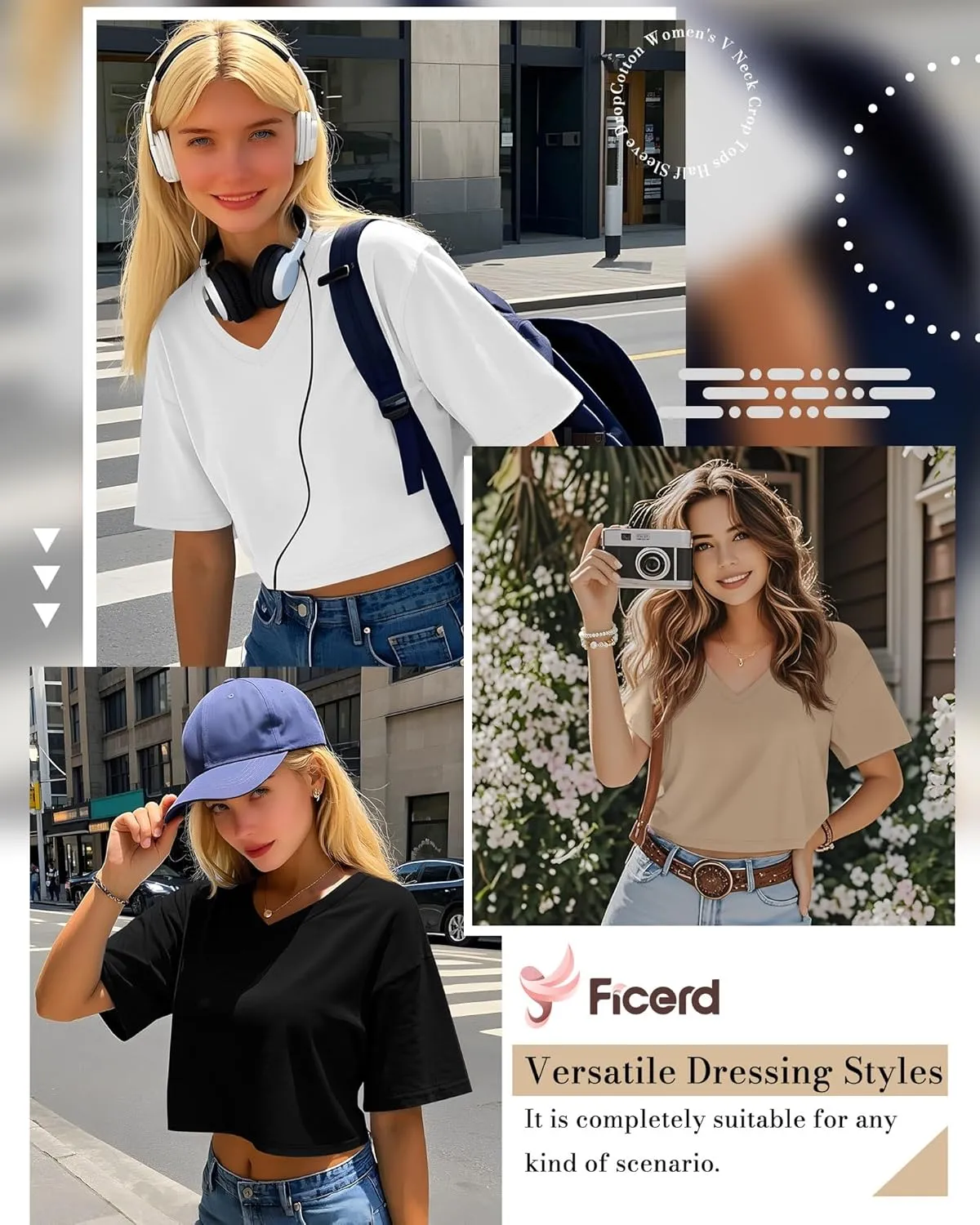 Ficerd 3 Pack Cotton Women's V Neck Crop Tops Half Sleeve Drop Shoulder Basics Cropped Top Boxy Tees for Girls