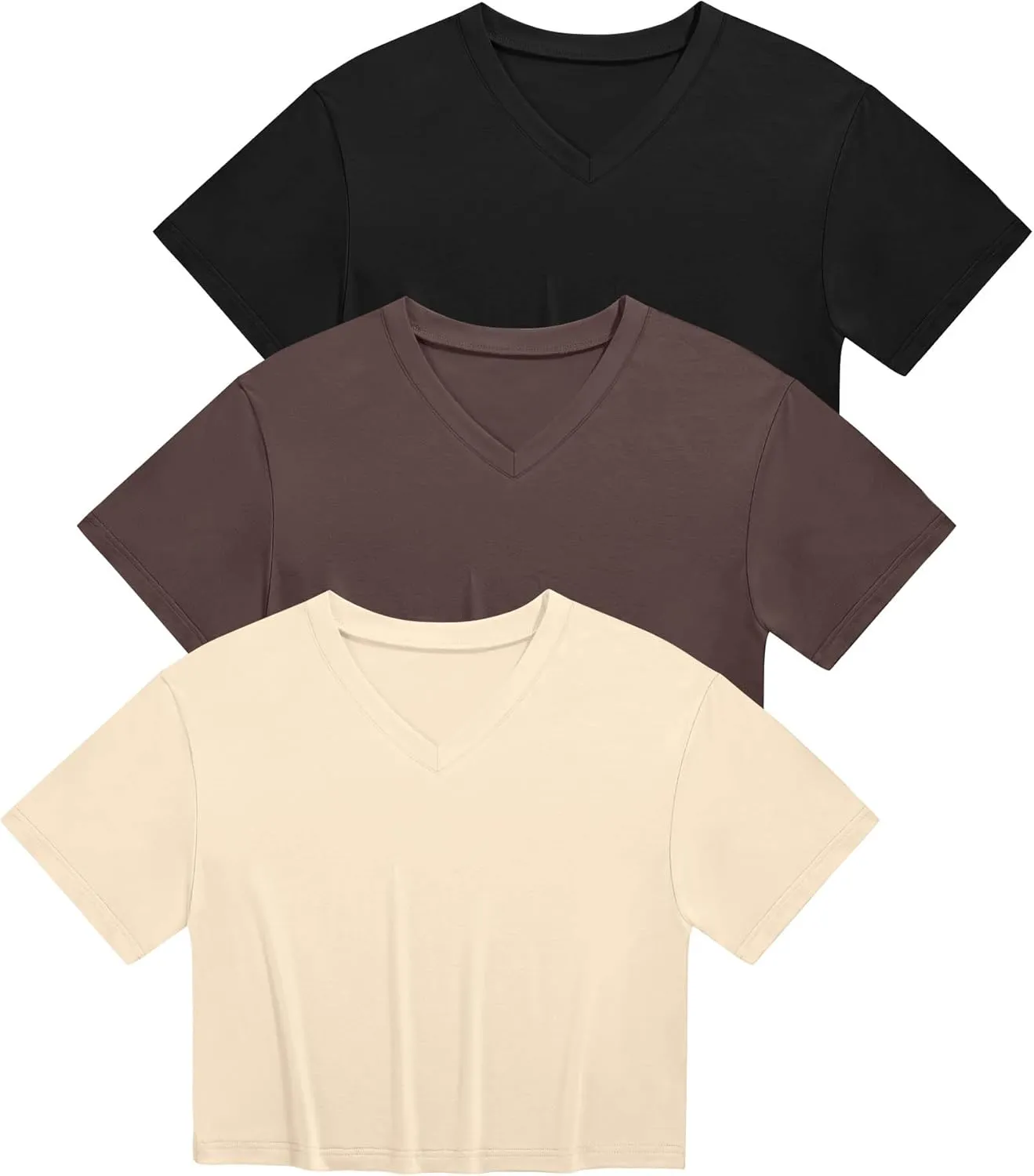 Ficerd 3 Pack Cotton Women's V Neck Crop Tops Half Sleeve Drop Shoulder Basics Cropped Top Boxy Tees for Girls