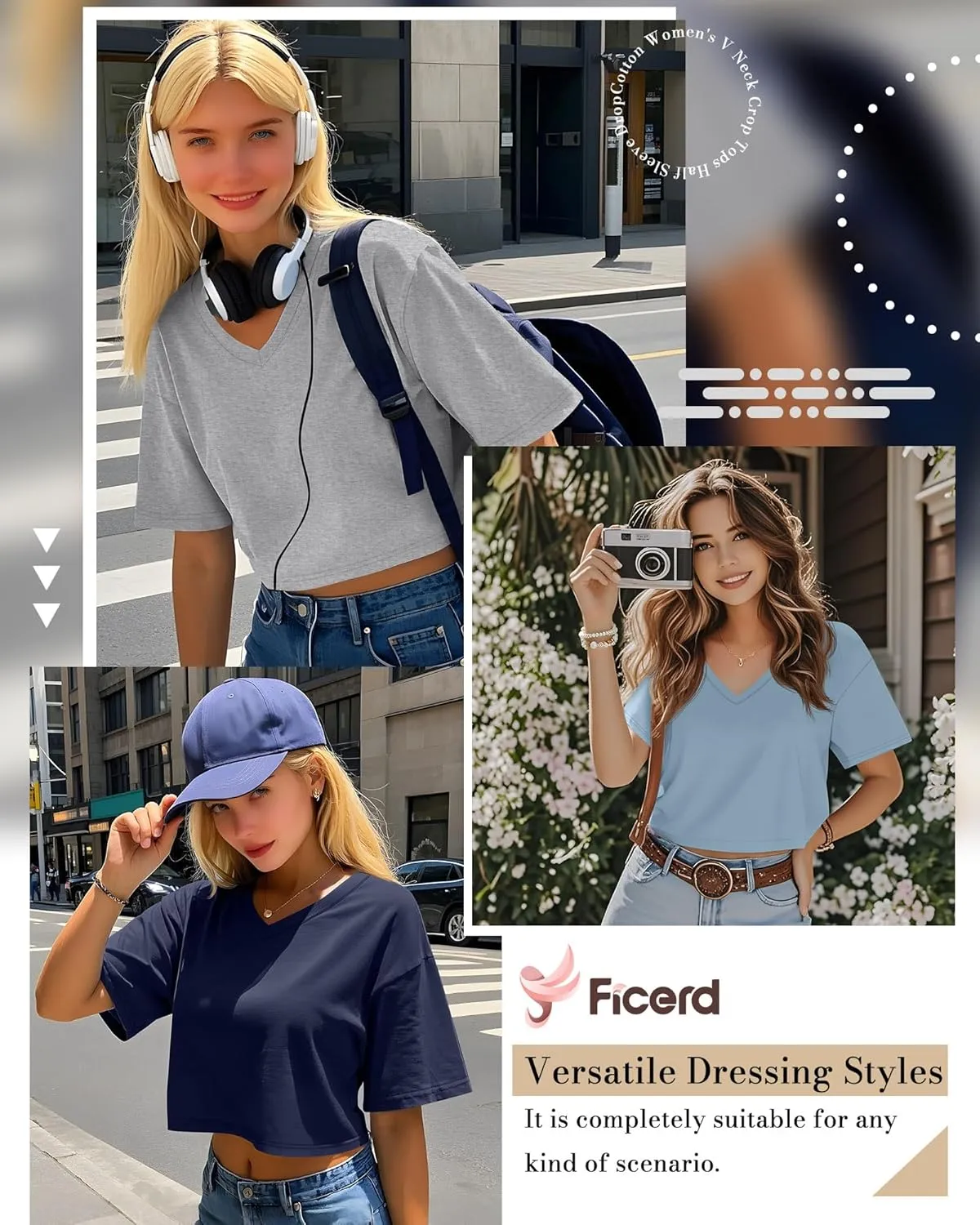 Ficerd 3 Pack Cotton Women's V Neck Crop Tops Half Sleeve Drop Shoulder Basics Cropped Top Boxy Tees for Girls