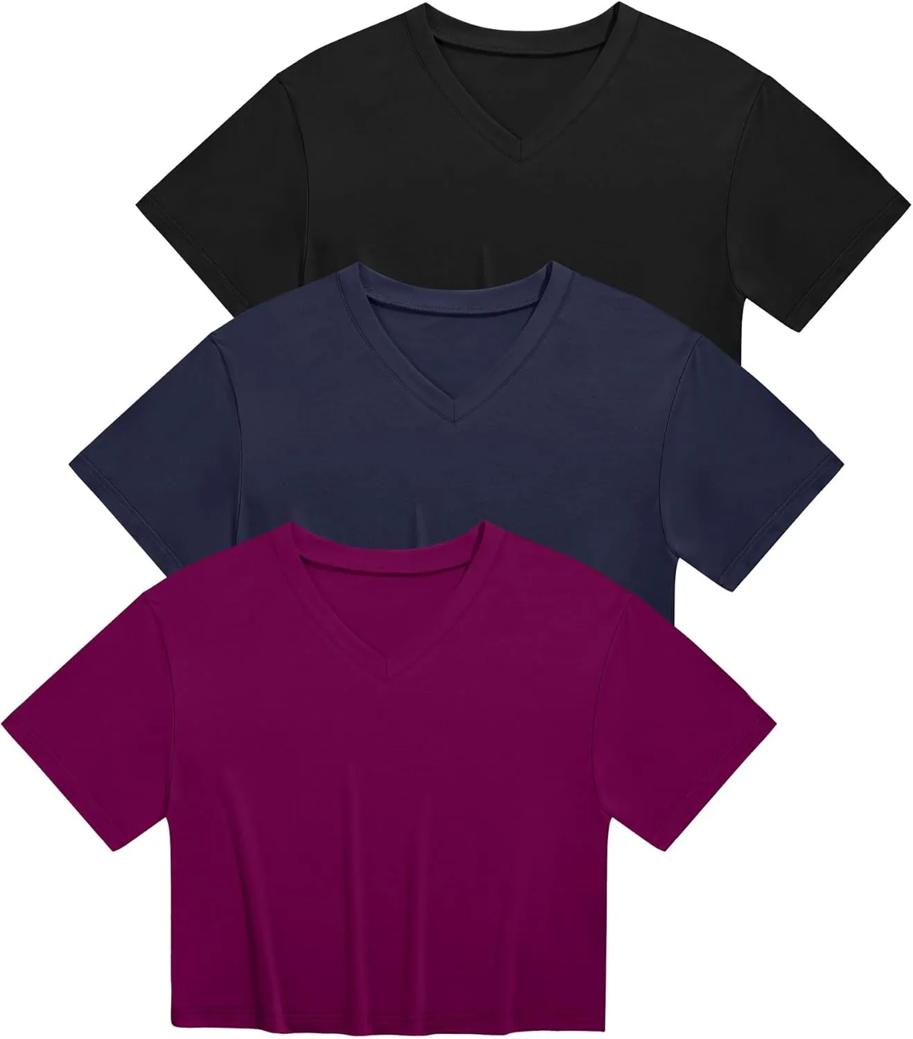 Ficerd 3 Pack Cotton Women's V Neck Crop Tops Half Sleeve Drop Shoulder Basics Cropped Top Boxy Tees for Girls