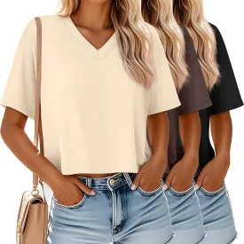 Ficerd 3 Pack Cotton Women's V Neck Crop Tops Half Sleeve Drop Shoulder Basics Cropped Top Boxy Tees for Girls