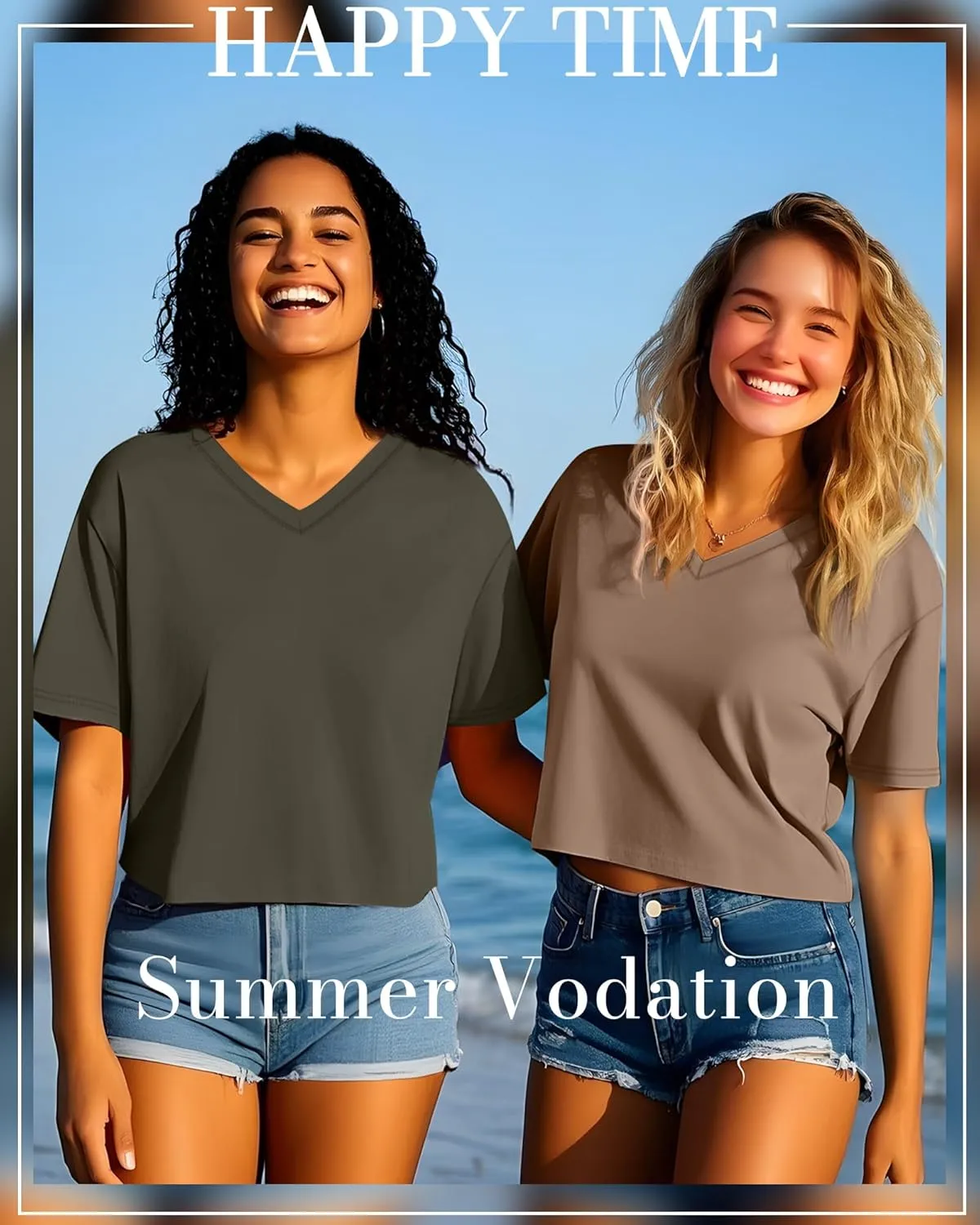 Ficerd 3 Pack Cotton Women's V Neck Crop Tops Half Sleeve Drop Shoulder Basics Cropped Top Boxy Tees for Girls
