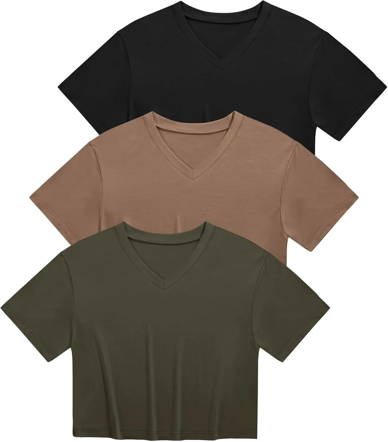Ficerd 3 Pack Cotton Women's V Neck Crop Tops Half Sleeve Drop Shoulder Basics Cropped Top Boxy Tees for Girls
