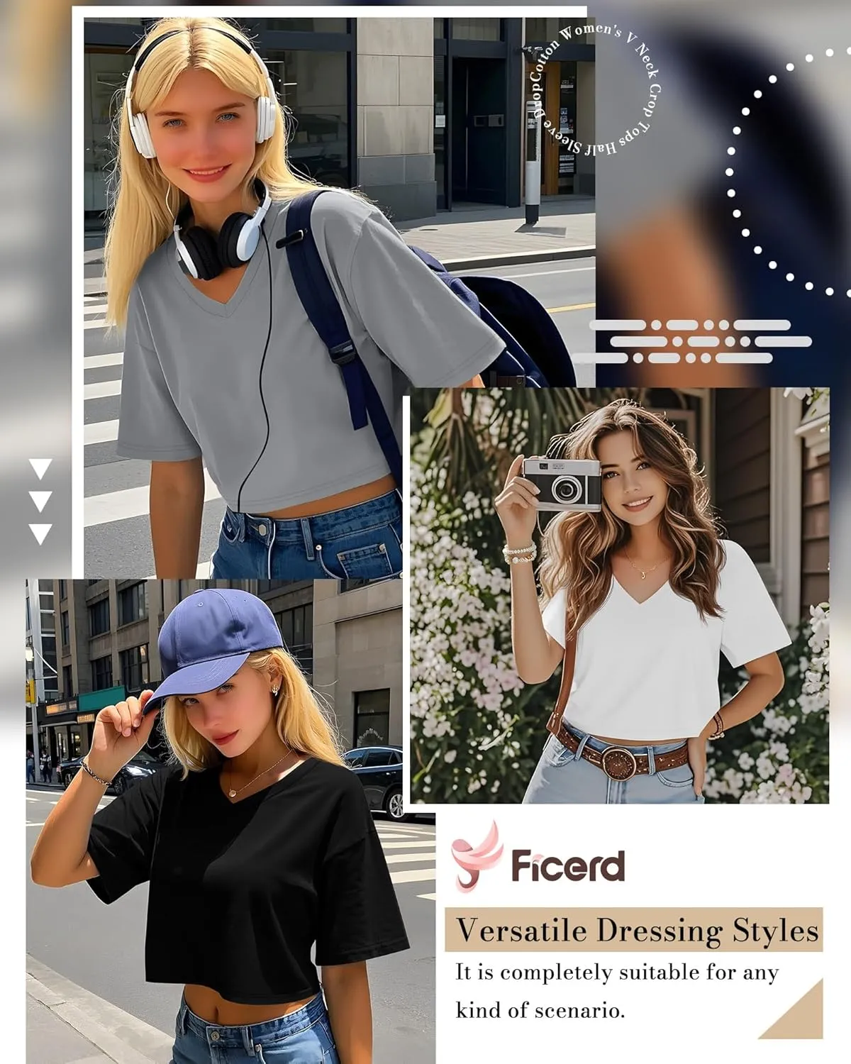 Ficerd 3 Pack Cotton Women's V Neck Crop Tops Half Sleeve Drop Shoulder Basics Cropped Top Boxy Tees for Girls