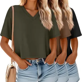 Ficerd 3 Pack Cotton Women's V Neck Crop Tops Half Sleeve Drop Shoulder Basics Cropped Top Boxy Tees for Girls