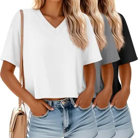 Ficerd 3 Pack Cotton Women's V Neck Crop Tops Half Sleeve Drop Shoulder Basics Cropped Top Boxy Tees for Girls