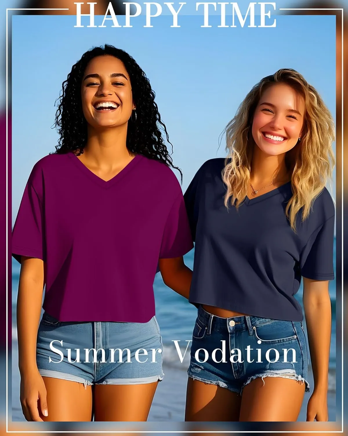 Ficerd 3 Pack Cotton Women's V Neck Crop Tops Half Sleeve Drop Shoulder Basics Cropped Top Boxy Tees for Girls