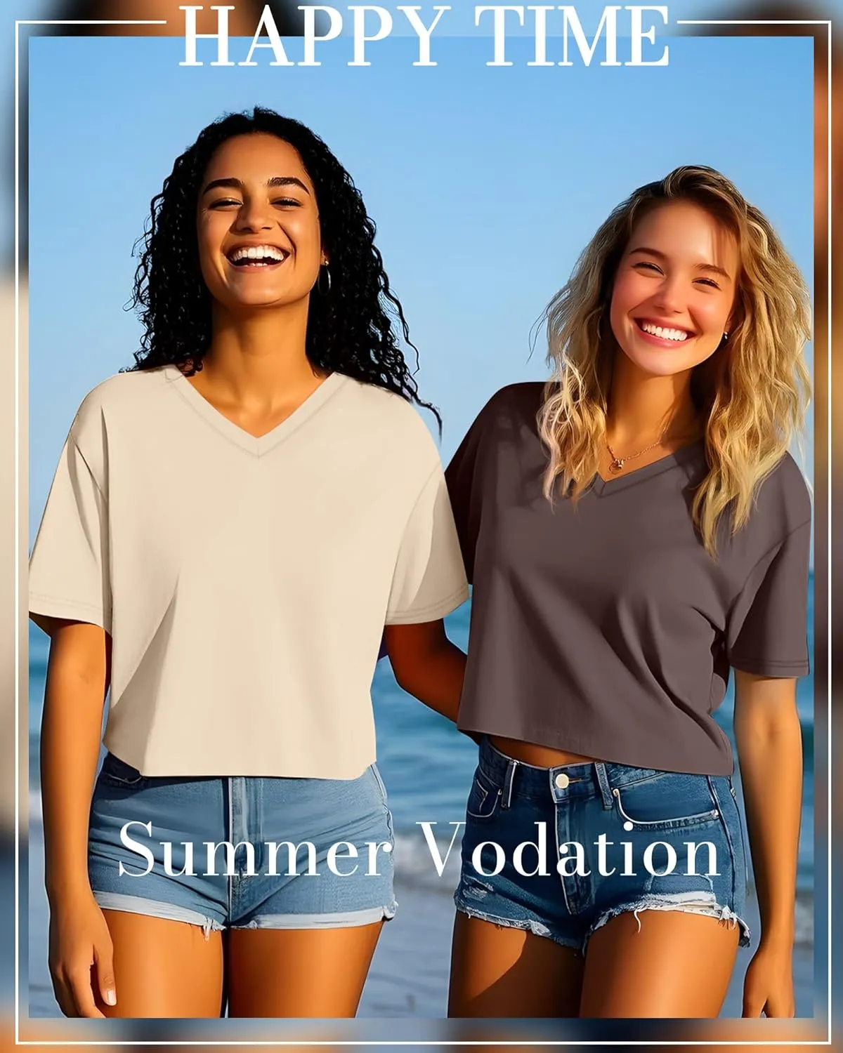 Ficerd 3 Pack Cotton Women's V Neck Crop Tops Half Sleeve Drop Shoulder Basics Cropped Top Boxy Tees for Girls