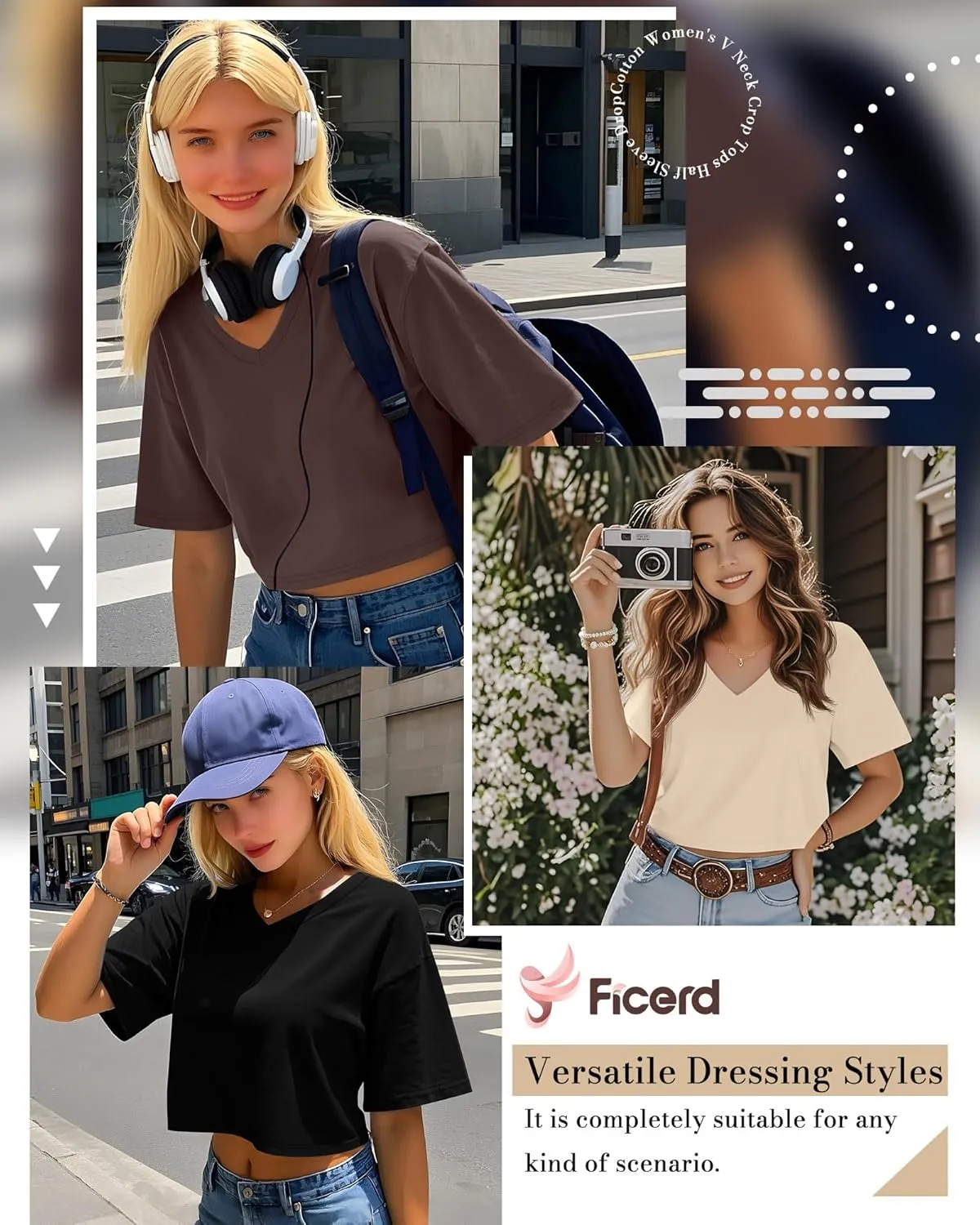 Ficerd 3 Pack Cotton Women's V Neck Crop Tops Half Sleeve Drop Shoulder Basics Cropped Top Boxy Tees for Girls